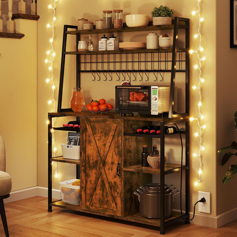 Large Bakers Rack With Power Outlet And Storage Cabinet Kitchen Microwave Stand With Drawer